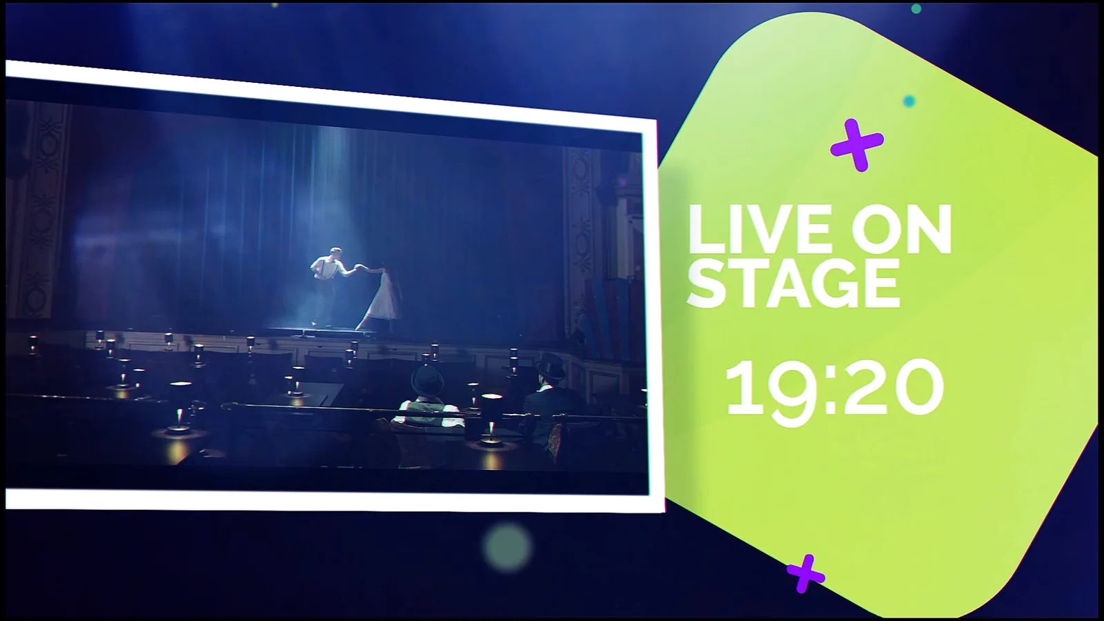 Frame from an animated trailer: a stage photograph beside the caption “Live on Stage 19:20”